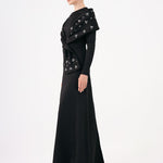 Taş İşlemeli Şallı Saten Uzun Abiye Elbise - 9093C - SİYAH