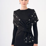 Taş İşlemeli Şallı Saten Uzun Abiye Elbise - 9093C - SİYAH