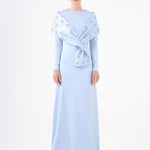 Taş İşlemeli Şallı Saten Uzun Abiye Elbise - 9093C - MAVİ