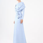 Taş İşlemeli Şallı Saten Uzun Abiye Elbise - 9093C - MAVİ