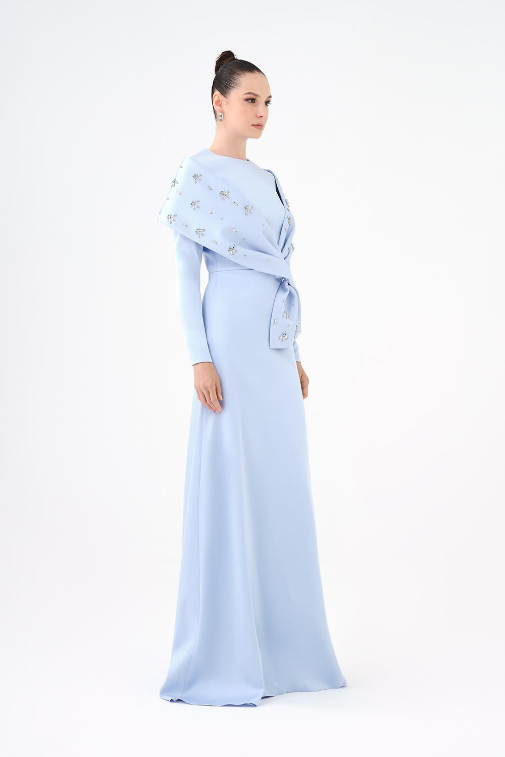 Taş İşlemeli Şallı Saten Uzun Abiye Elbise - 9093C - MAVİ