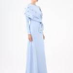 Taş İşlemeli Şallı Saten Uzun Abiye Elbise - 9093C - MAVİ