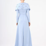 Taş İşlemeli Şallı Saten Uzun Abiye Elbise - 9093C - MAVİ