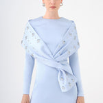 Taş İşlemeli Şallı Saten Uzun Abiye Elbise - 9093C - MAVİ