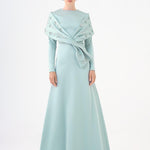 Taş İşlemeli Şallı Saten Uzun Abiye Elbise - 9093C - MİNT