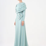 Taş İşlemeli Şallı Saten Uzun Abiye Elbise - 9093C - MİNT