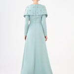 Taş İşlemeli Şallı Saten Uzun Abiye Elbise - 9093C - MİNT