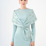 Taş İşlemeli Şallı Saten Uzun Abiye Elbise - 9093C - MİNT