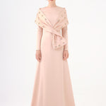 Taş İşlemeli Şallı Saten Uzun Abiye Elbise - 9093C - Şampanya