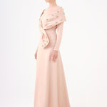 Taş İşlemeli Şallı Saten Uzun Abiye Elbise - 9093C - Şampanya