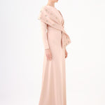 Taş İşlemeli Şallı Saten Uzun Abiye Elbise - 9093C - Şampanya