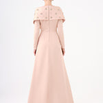 Taş İşlemeli Şallı Saten Uzun Abiye Elbise - 9093C - Şampanya