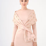 Taş İşlemeli Şallı Saten Uzun Abiye Elbise - 9093C - Şampanya