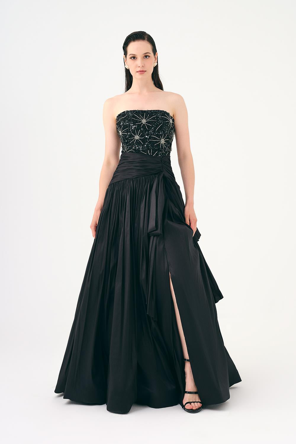 Stone Embroidered Taffeta Long Evening Dress with Slits - 9107C
