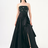 Stone Embroidered Taffeta Long Evening Dress with Slits - 9107C