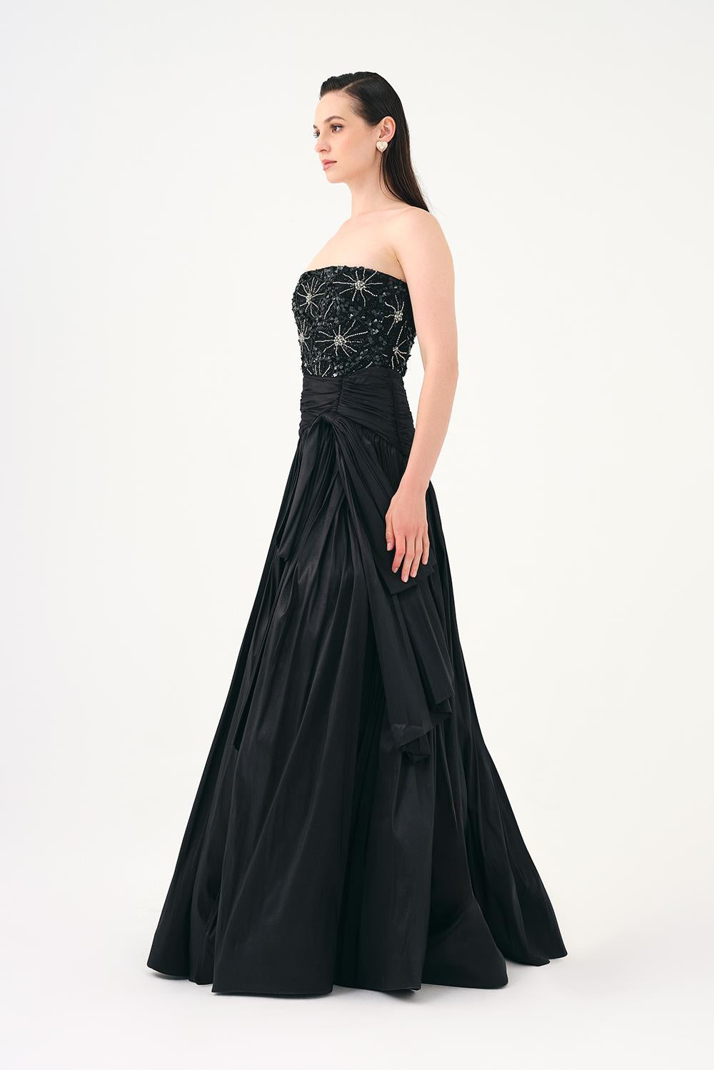 Stone Embroidered Taffeta Long Evening Dress with Slits - 9107C