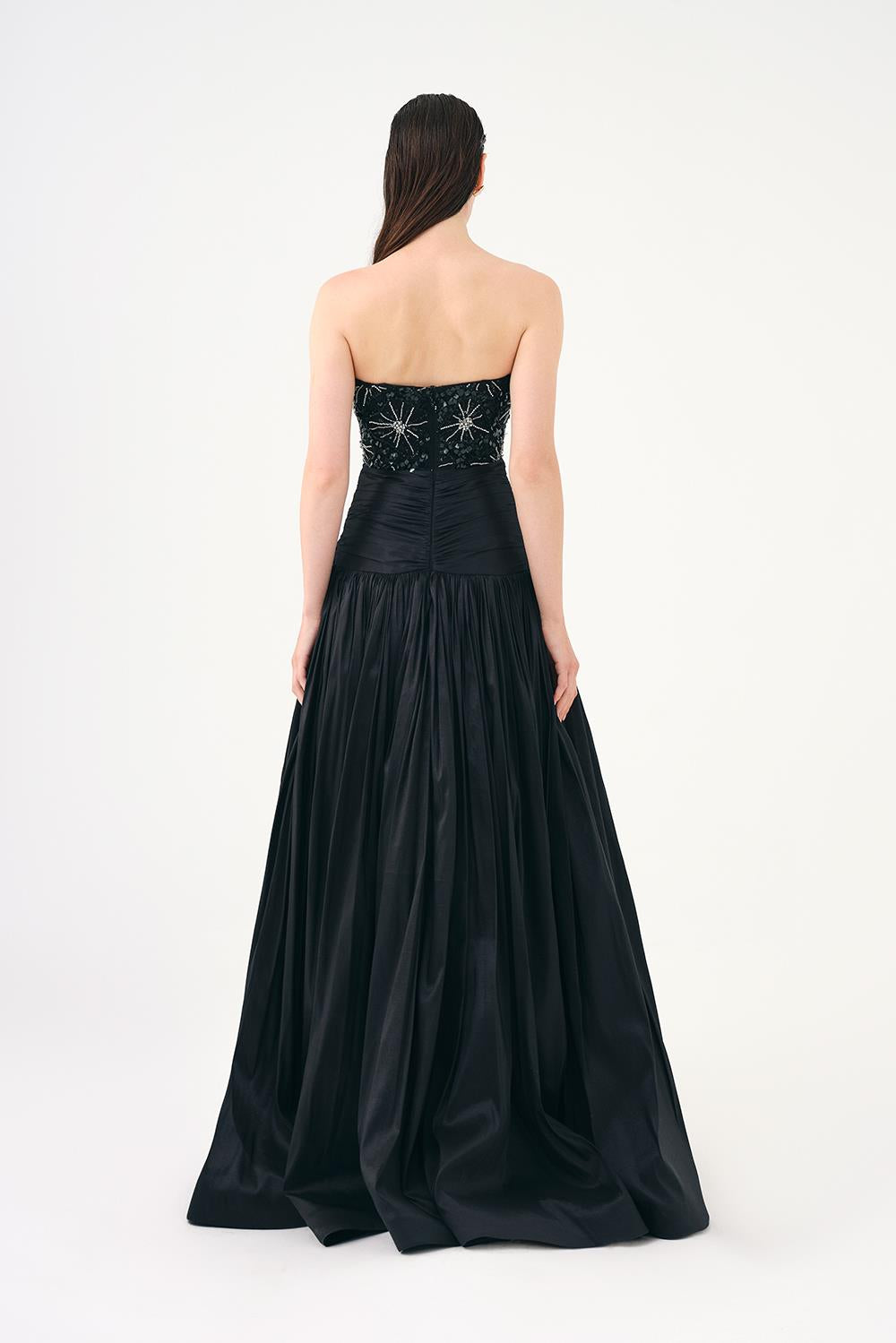 Stone Embroidered Taffeta Long Evening Dress with Slits - 9107C