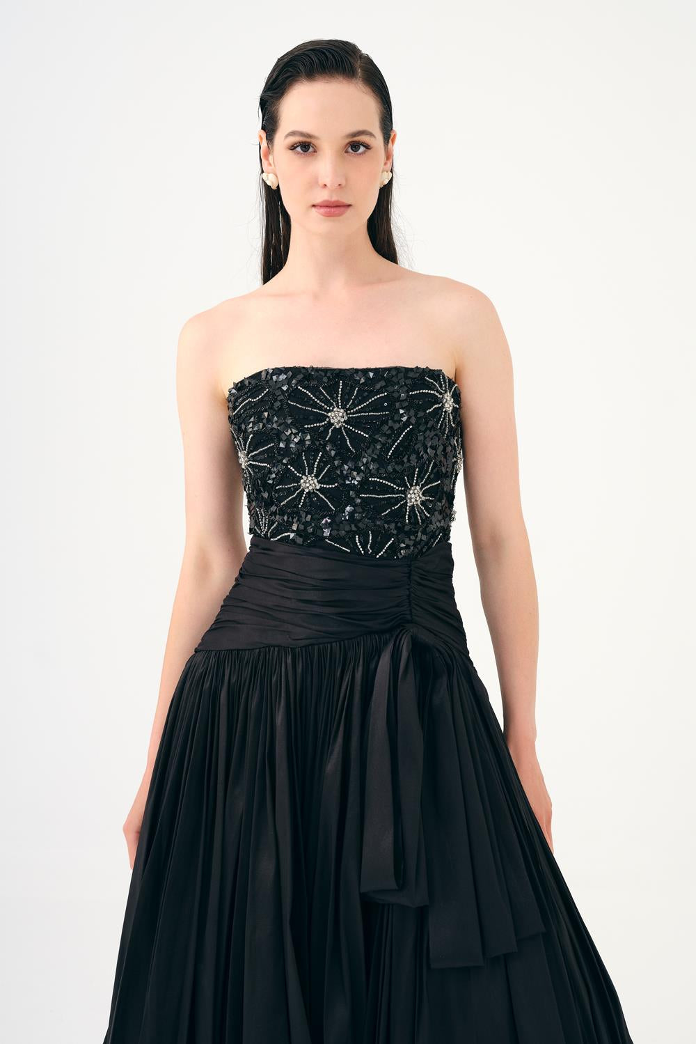 Stone Embroidered Taffeta Long Evening Dress with Slits - 9107C