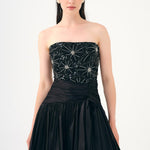 Taş İşlemeli Yırtmaçlı Tafta Uzun Abiye Elbise - 9107C - SİYAH