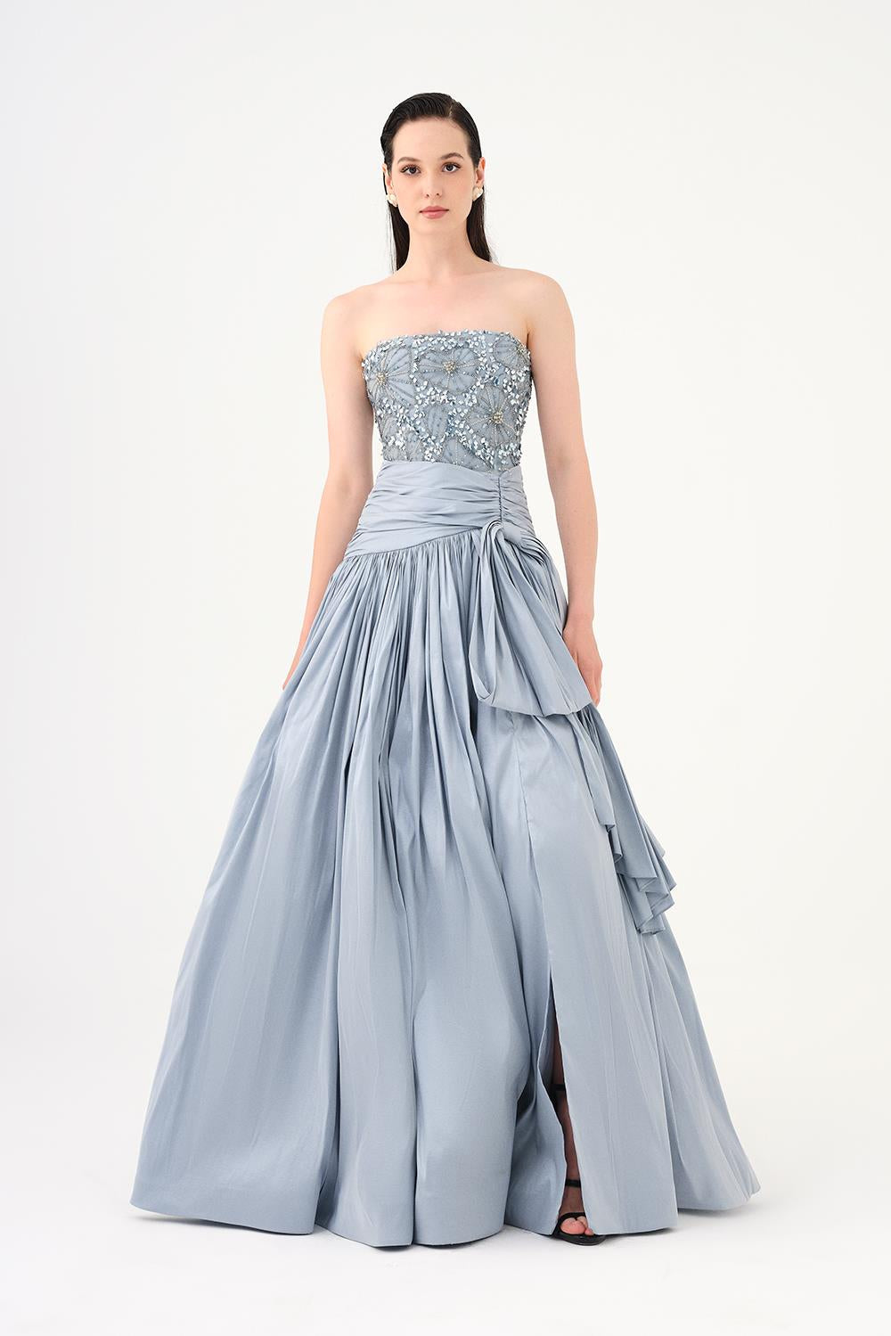 Stone Embroidered Taffeta Long Evening Dress with Slits - 9107C