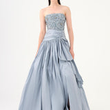 Stone Embroidered Taffeta Long Evening Dress with Slits - 9107C