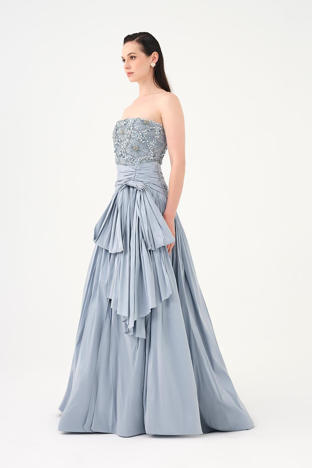 Stone Embroidered Taffeta Long Evening Dress with Slits - 9107C
