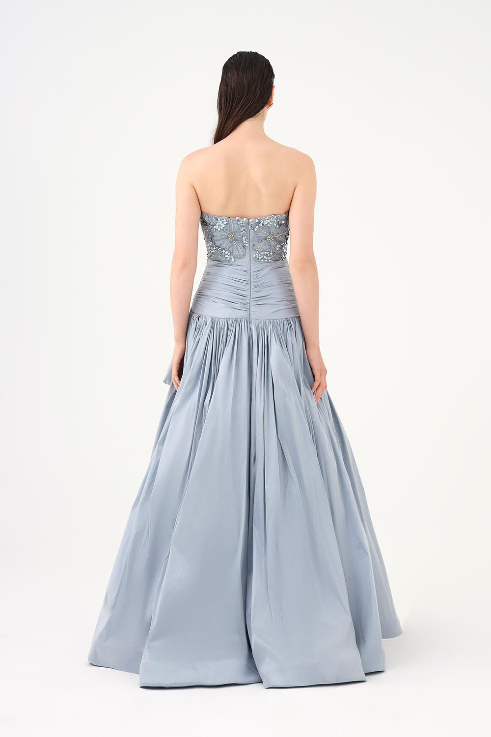 Stone Embroidered Taffeta Long Evening Dress with Slits - 9107C