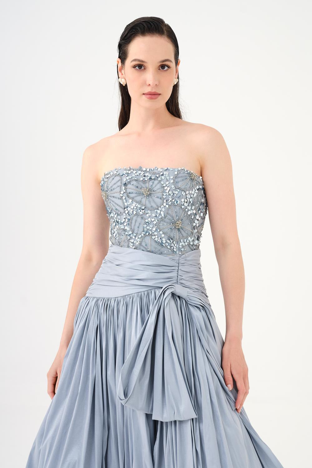 Stone Embroidered Taffeta Long Evening Dress with Slits - 9107C