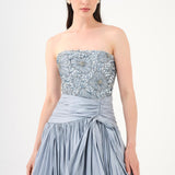 Stone Embroidered Taffeta Long Evening Dress with Slits - 9107C