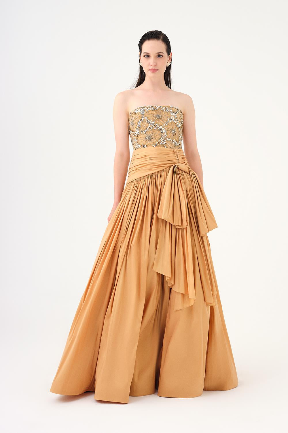 Stone Embroidered Taffeta Long Evening Dress with Slits - 9107C