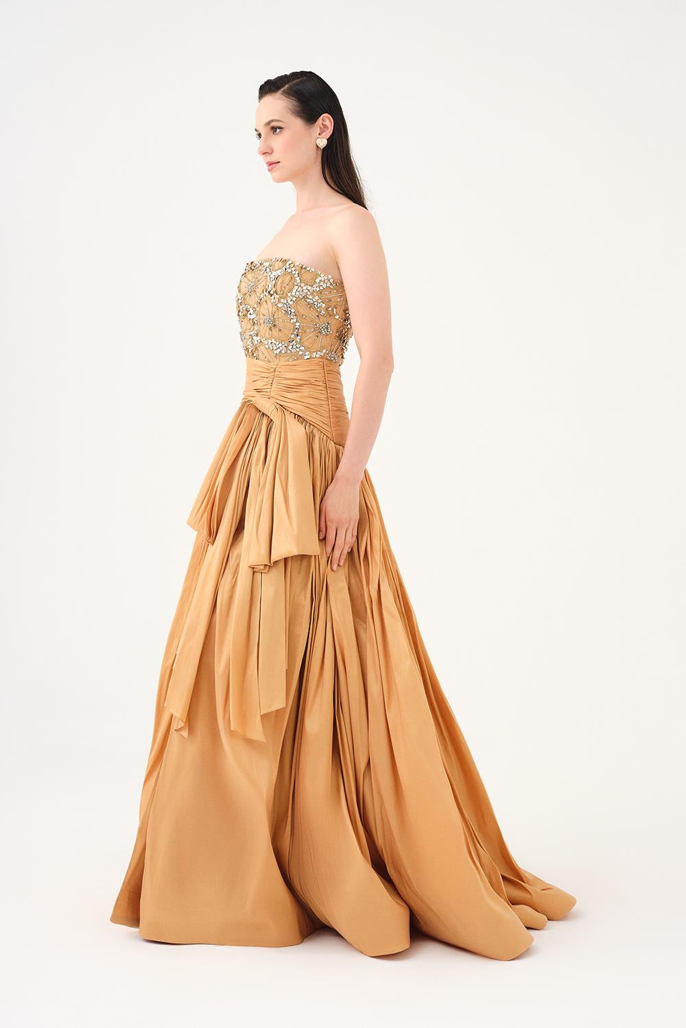 Stone Embroidered Taffeta Long Evening Dress with Slits - 9107C