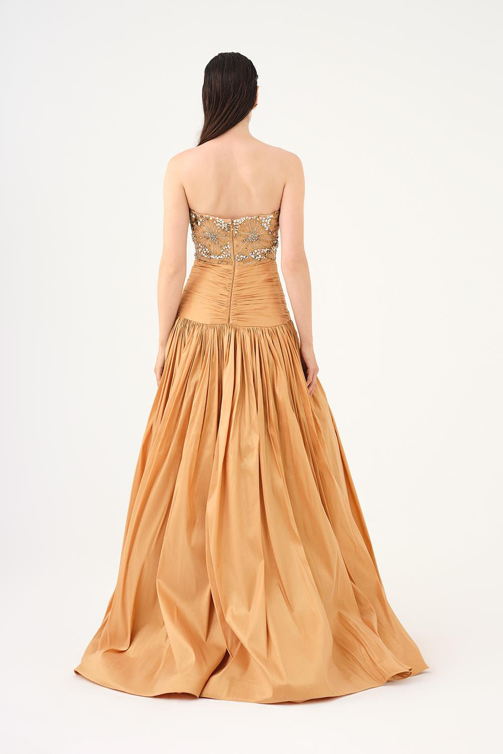 Stone Embroidered Taffeta Long Evening Dress with Slits - 9107C