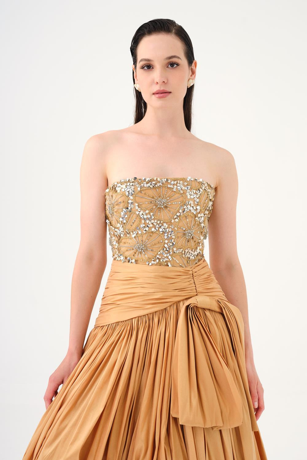 Stone Embroidered Taffeta Long Evening Dress with Slits - 9107C