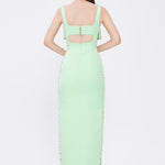 فستان سهرة طويل برقبة حبال مطرزة بالخرز وشق - 2006C