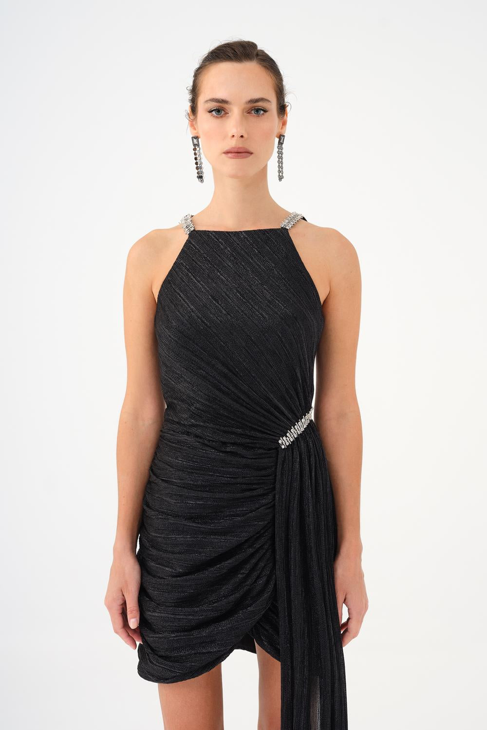 Mini Evening Dress with Stone Drape Detail - 9009C