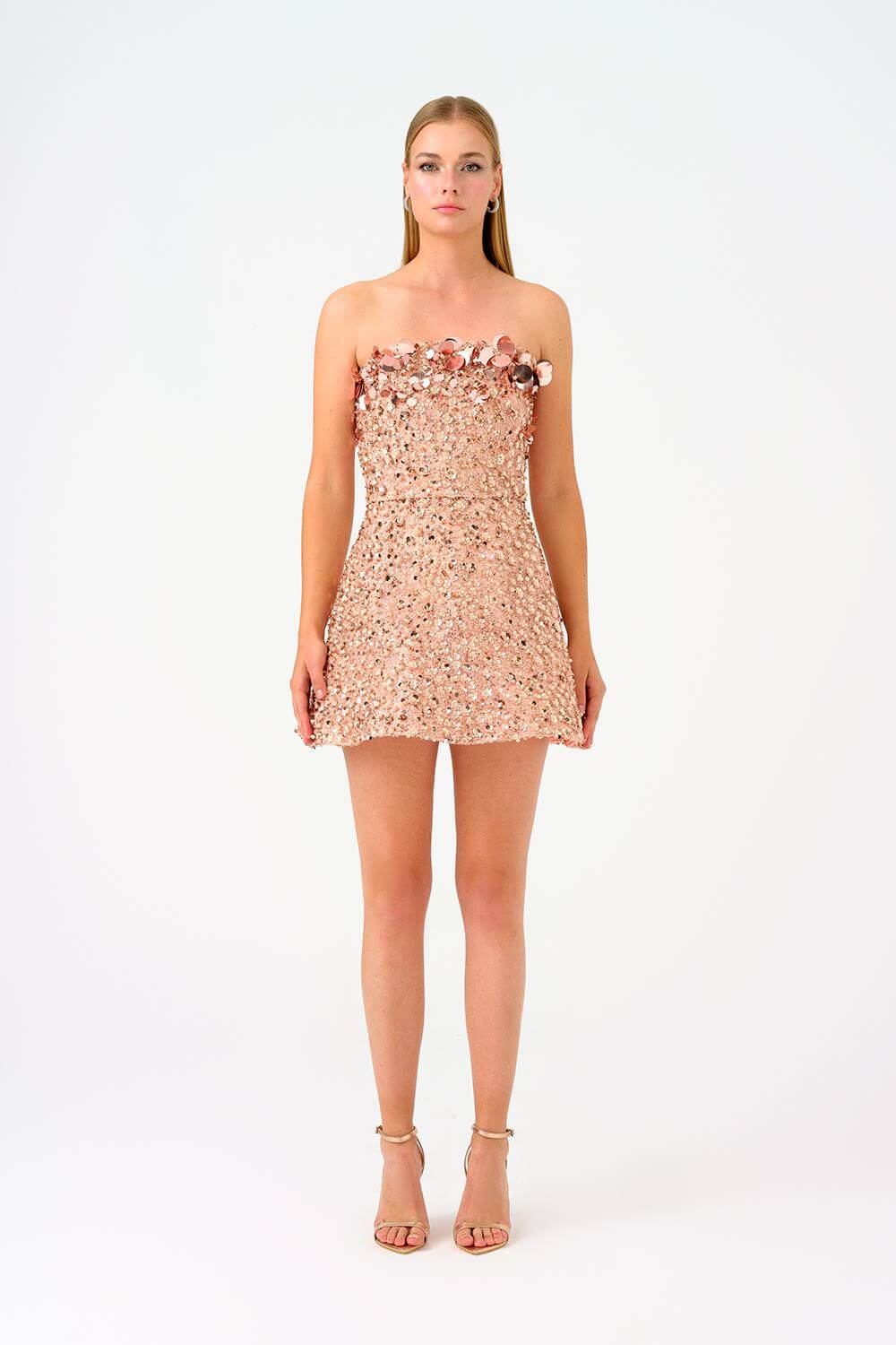 فستان سهرة قصير بدون أكمام ومطرز بالحجارة والترتر - 9012C