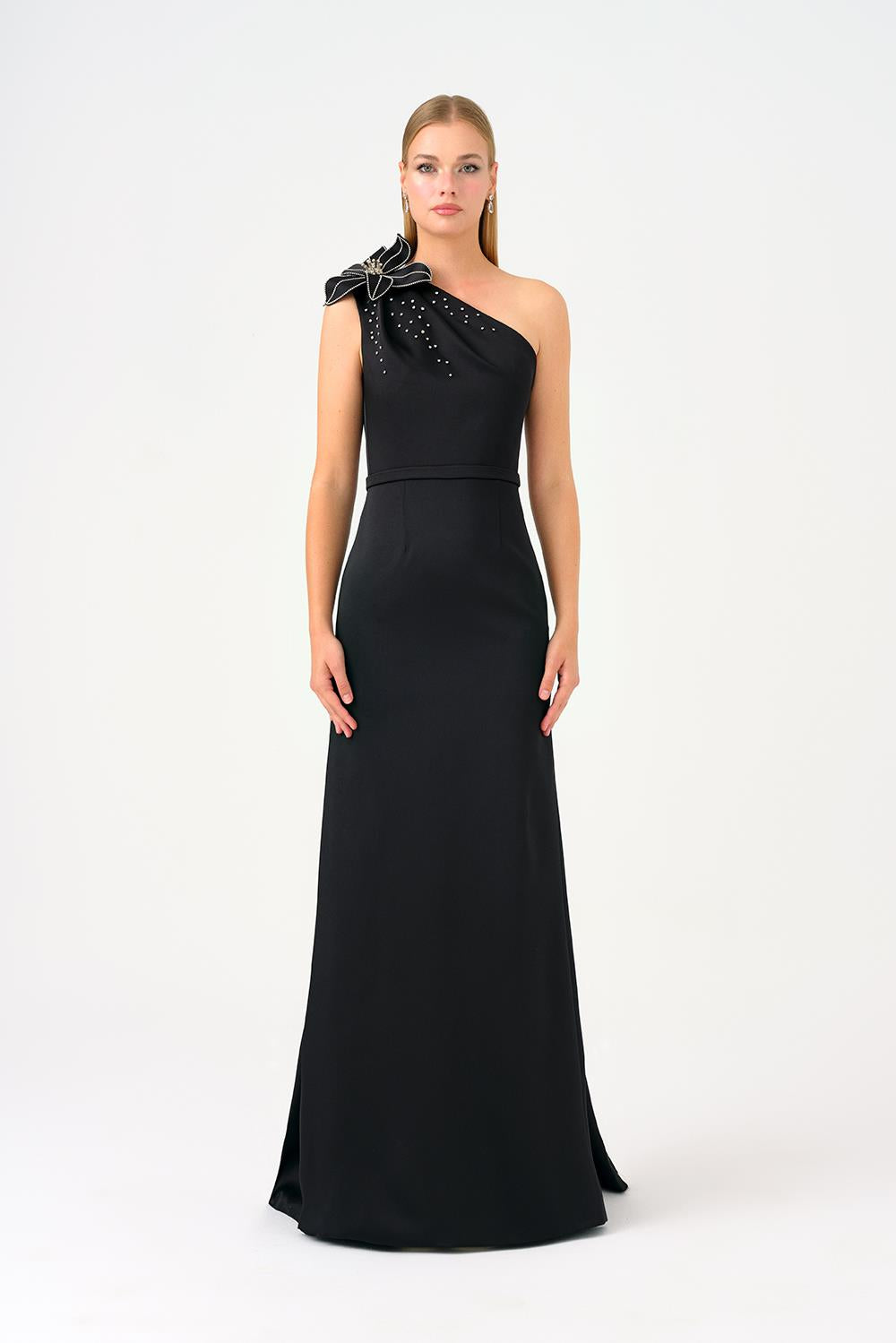 One Shoulder Floral Detailed Satin Long Evening Dress - 9125C