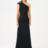 One Shoulder Floral Detailed Satin Long Evening Dress - 9125C