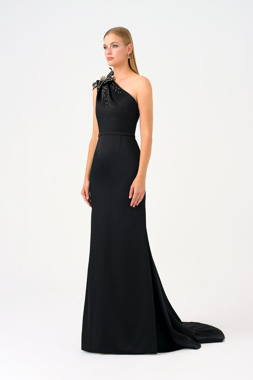 One Shoulder Floral Detailed Satin Long Evening Dress - 9125C