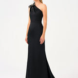 One Shoulder Floral Detailed Satin Long Evening Dress - 9125C