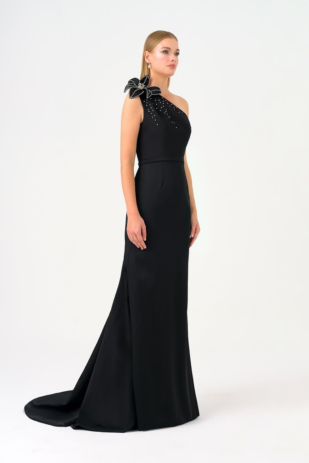 One Shoulder Floral Detailed Satin Long Evening Dress - 9125C