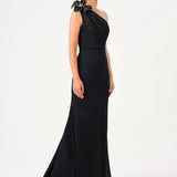 One Shoulder Floral Detailed Satin Long Evening Dress - 9125C