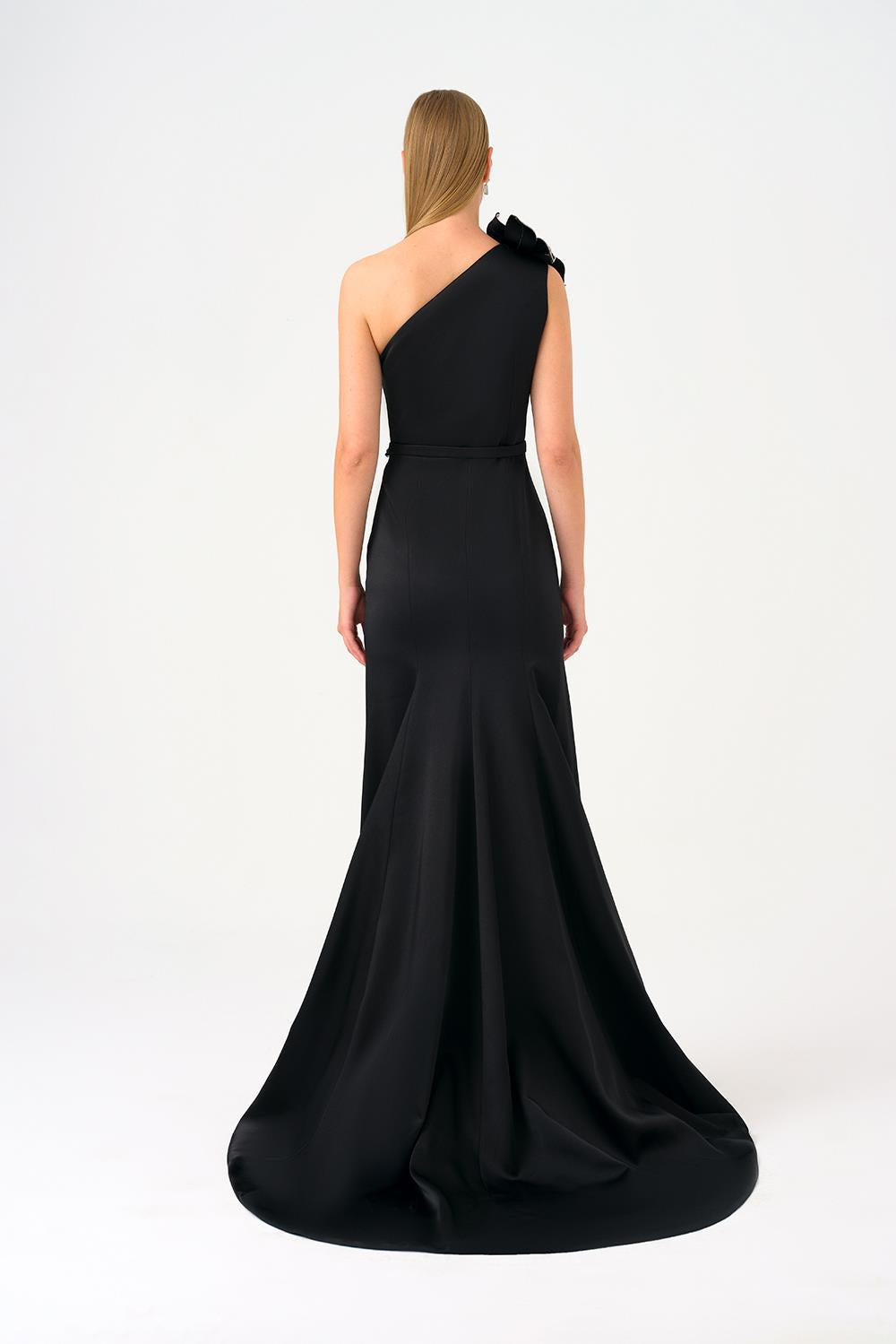 One Shoulder Floral Detailed Satin Long Evening Dress - 9125C