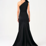 One Shoulder Floral Detailed Satin Long Evening Dress - 9125C