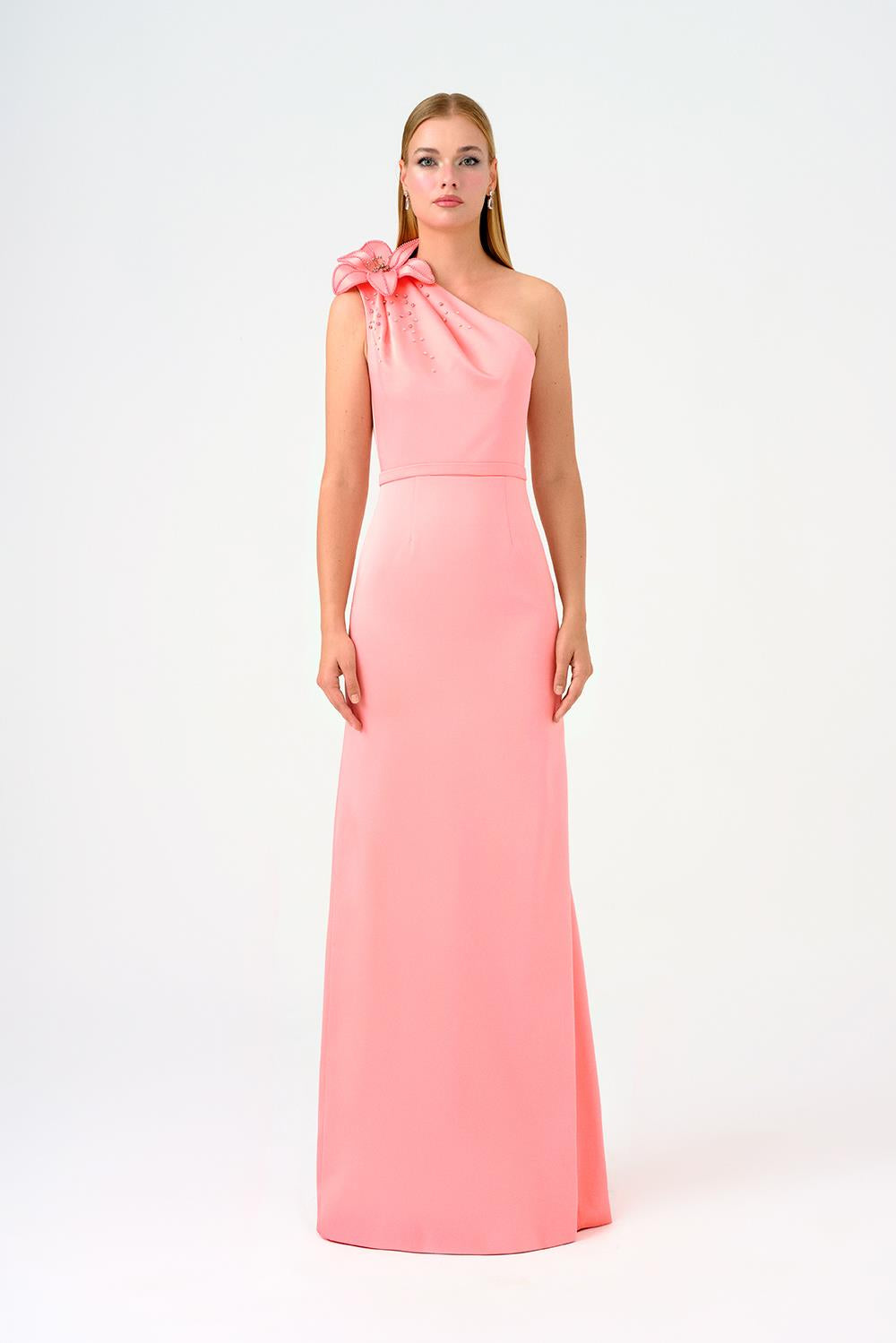 One Shoulder Floral Detailed Satin Long Evening Dress - 9125C