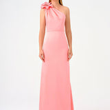 One Shoulder Floral Detailed Satin Long Evening Dress - 9125C