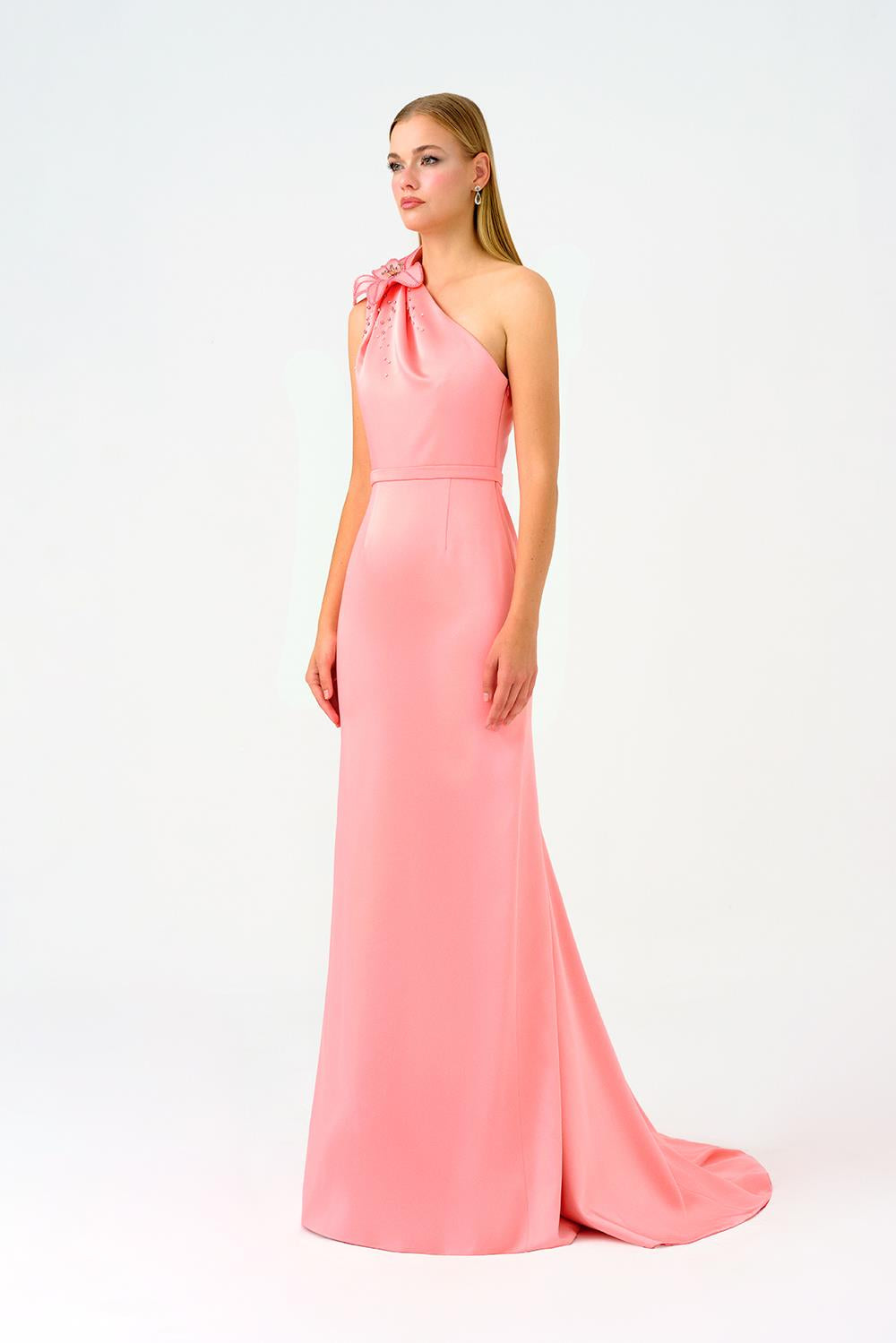 One Shoulder Floral Detailed Satin Long Evening Dress - 9125C