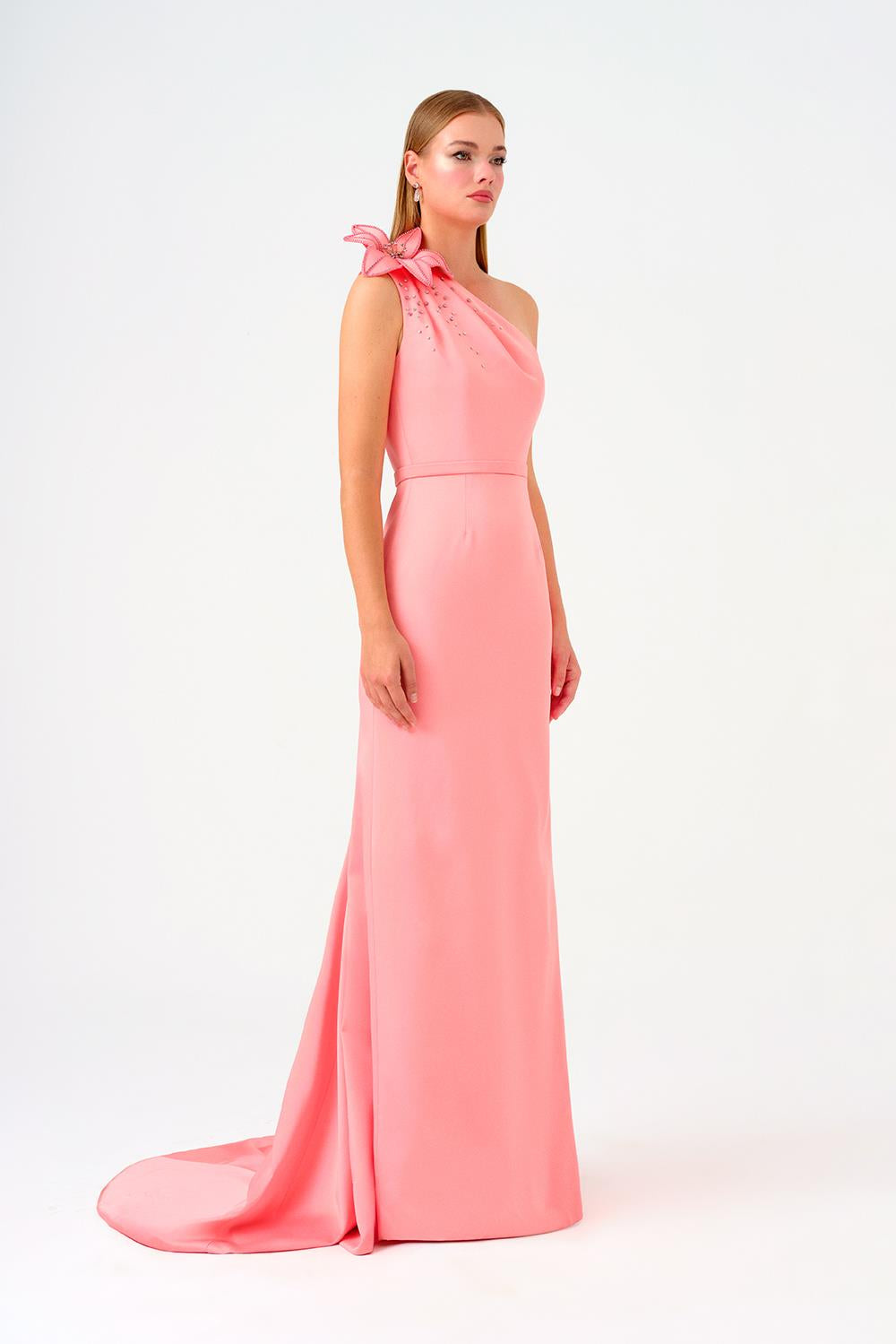 One Shoulder Floral Detailed Satin Long Evening Dress - 9125C