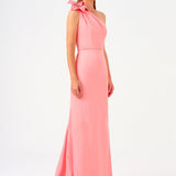 One Shoulder Floral Detailed Satin Long Evening Dress - 9125C
