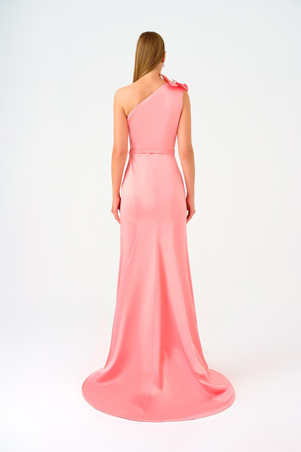 One Shoulder Floral Detailed Satin Long Evening Dress - 9125C